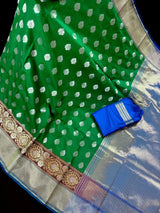 Green with Blue Pallu Banarasi saree in banarasi soft silk with silver & gold buttis with wide border — Kaash Collection