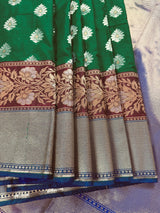 Green with Blue Pallu Banarasi saree in banarasi soft silk with silver & gold buttis with wide border — Kaash Collection
