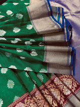 Green with Blue Pallu Banarasi saree in banarasi soft silk with silver & gold buttis with wide border — Kaash Collection