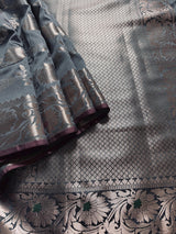 Grey Green Banarasi saree in banarasi semi katan silk with jaal weave with meenakari — Kaash Collection