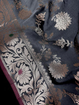 Grey Green Banarasi saree in banarasi semi katan silk with jaal weave with meenakari — Kaash Collection