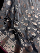 Grey Green Banarasi saree in banarasi semi katan silk with jaal weave with meenakari — Kaash Collection