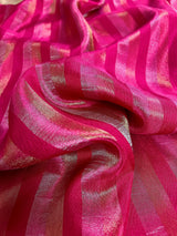 Statement Handmade Hot Pink Color Striped Banarasi Satin Tissue Silk Saree - Kaash