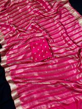 Statement Handmade Hot Pink Color Striped Banarasi Satin Tissue Silk Saree - Kaash
