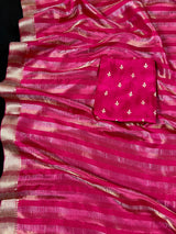 Statement Handmade Hot Pink Color Striped Banarasi Satin Tissue Silk Saree - Kaash