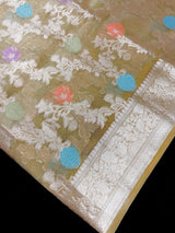 Olive Gold Green Banarasi saree in banarasi organza tissue silk with meenakari jaal pattern on organza tissue — Kaash Collection