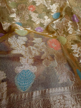 Olive Gold Green Banarasi saree in banarasi organza tissue silk with meenakari jaal pattern on organza tissue — Kaash Collection