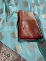 Pastel Sea Blue with Wine Pallu Banarasi saree in banarasi semi katan silk with meenakari with gold zari weave — Kaash Collection