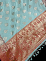 Pastel Sea Blue with Wine Pallu Banarasi saree in banarasi semi katan silk with meenakari with gold zari weave — Kaash Collection