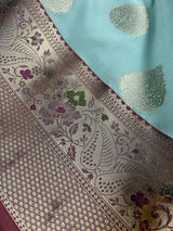 Pastel Sea Blue with Wine Pallu Banarasi saree in banarasi semi katan silk with meenakari with gold zari weave — Kaash Collection