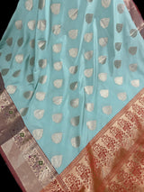 Pastel Sea Blue with Wine Pallu Banarasi saree in banarasi semi katan silk with meenakari with gold zari weave — Kaash Collection