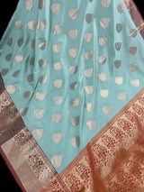 Statement Handmade Pastel Sea Blue Color Banarasi Semi Katan Silk Saree - Kaash