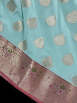 Statement Handmade Pastel Sea Blue Color Banarasi Semi Katan Silk Saree - Kaash