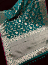 Statement Handmade Pine Green Color Semi Katan Banarasi Silk Saree - Kaash