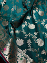 Statement Handmade Pine Green Color Semi Katan Banarasi Silk Saree - Kaash