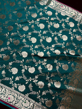 Statement Handmade Pine Green Color Semi Katan Banarasi Silk Saree - Kaash