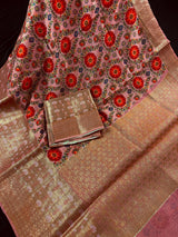 Statement Handmade Pure Banaras Cotton Silk Kalamkari Saree in Peach Color with Wide Borders - Kaash