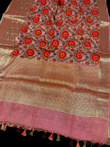 Statement Handmade Pure Banaras Cotton Silk Kalamkari Saree in Peach Color with Wide Borders - Kaash