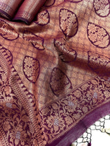 Statement Handmade Purple Color Banarasi Semi Silk Saree with Copper and Sliver Zari Weave - Kaash