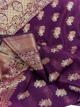 Statement Handmade Purple Color Banarasi Semi Silk Saree with Copper and Sliver Zari Weave - Kaash