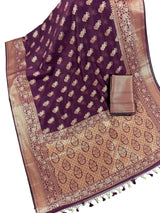 Statement Handmade Purple Color Banarasi Semi Silk Saree with Copper and Sliver Zari Weave - Kaash
