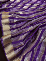 Purple Striped Tissue Banarasi saree in banarasi soft satin tissue silk with striped tissue with gold & platinum zari — Kaash Collection