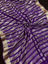 Purple Striped Tissue Banarasi saree in banarasi soft satin tissue silk with striped tissue with gold & platinum zari — Kaash Collection