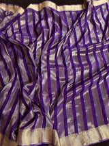 Purple Striped Tissue Banarasi saree in banarasi soft satin tissue silk with striped tissue with gold & platinum zari — Kaash Collection