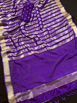 Purple Striped Tissue Banarasi saree in banarasi soft satin tissue silk with striped tissue with gold & platinum zari — Kaash Collection