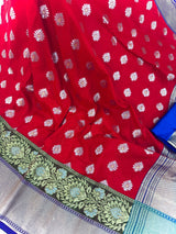 Statement Handmade Red Color Banarasi Soft Silk Handloom Saree with Green, Purple and Blue Border and Pallu - Kaash