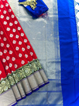 Statement Handmade Red Color Banarasi Soft Silk Handloom Saree with Green, Purple and Blue Border and Pallu - Kaash