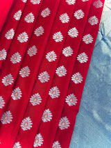 Statement Handmade Red Color Banarasi Soft Silk Handloom Saree with Green, Purple and Blue Border and Pallu - Kaash