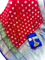 Statement Handmade Red Color Banarasi Soft Silk Handloom Saree with Green, Purple and Blue Border and Pallu - Kaash