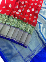 Statement Handmade Red Color Banarasi Soft Silk Handloom Saree with Green, Purple and Blue Border and Pallu - Kaash