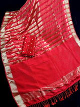Statement Handmade Red Color Striped Banarasi Satin Tissue Silk Saree - Kaash