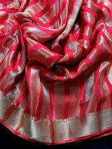 Statement Handmade Red Color Striped Banarasi Satin Tissue Silk Saree - Kaash