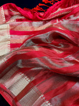 Statement Handmade Red Color Striped Banarasi Satin Tissue Silk Saree - Kaash