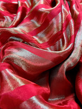 Statement Handmade Red Color Striped Banarasi Satin Tissue Silk Saree - Kaash