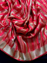 Statement Handmade Red Color Striped Banarasi Satin Tissue Silk Saree - Kaash