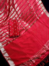 Statement Handmade Red Color Striped Banarasi Satin Tissue Silk Saree - Kaash