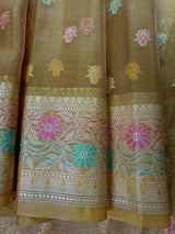 Yellow Gold Banarasi saree in banarasi tissue silk with meenakari with temple-style border — Kaash Collection