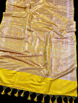 Statement Lime Yellow Color Pure Banarasi Satin Silk Tanchoi with Jamawar Handwoven Saree | Silk Mark Certified - Kaash