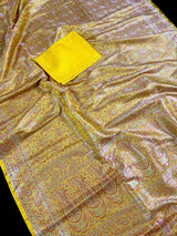 Statement Lime Yellow Color Pure Banarasi Satin Silk Tanchoi with Jamawar Handwoven Saree | Silk Mark Certified - Kaash