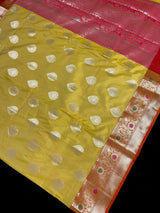Mehandi Green Banarasi Semi Katan saree in banarasi semi katan silk with meenakari borders with orange & pink pallu — Kaash Collection