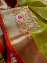 Mehandi Green Banarasi Semi Katan saree in banarasi semi katan silk with meenakari borders with orange & pink pallu — Kaash Collection
