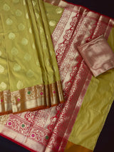 Mehandi Green Banarasi Semi Katan saree in banarasi semi katan silk with meenakari borders with orange & pink pallu — Kaash Collection