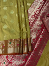 Mehandi Green Banarasi Semi Katan saree in banarasi semi katan silk with meenakari borders with orange & pink pallu — Kaash Collection