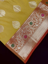 Mehandi Green Banarasi Semi Katan saree in banarasi semi katan silk with meenakari borders with orange & pink pallu — Kaash Collection