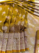 Mehendi Green Banarasi saree in banarasi semi pure mashru with muted gold zari weaving on mashru — Kaash Collection