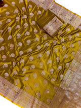 Mehendi Green Banarasi saree in banarasi semi pure mashru with muted gold zari weaving on mashru — Kaash Collection